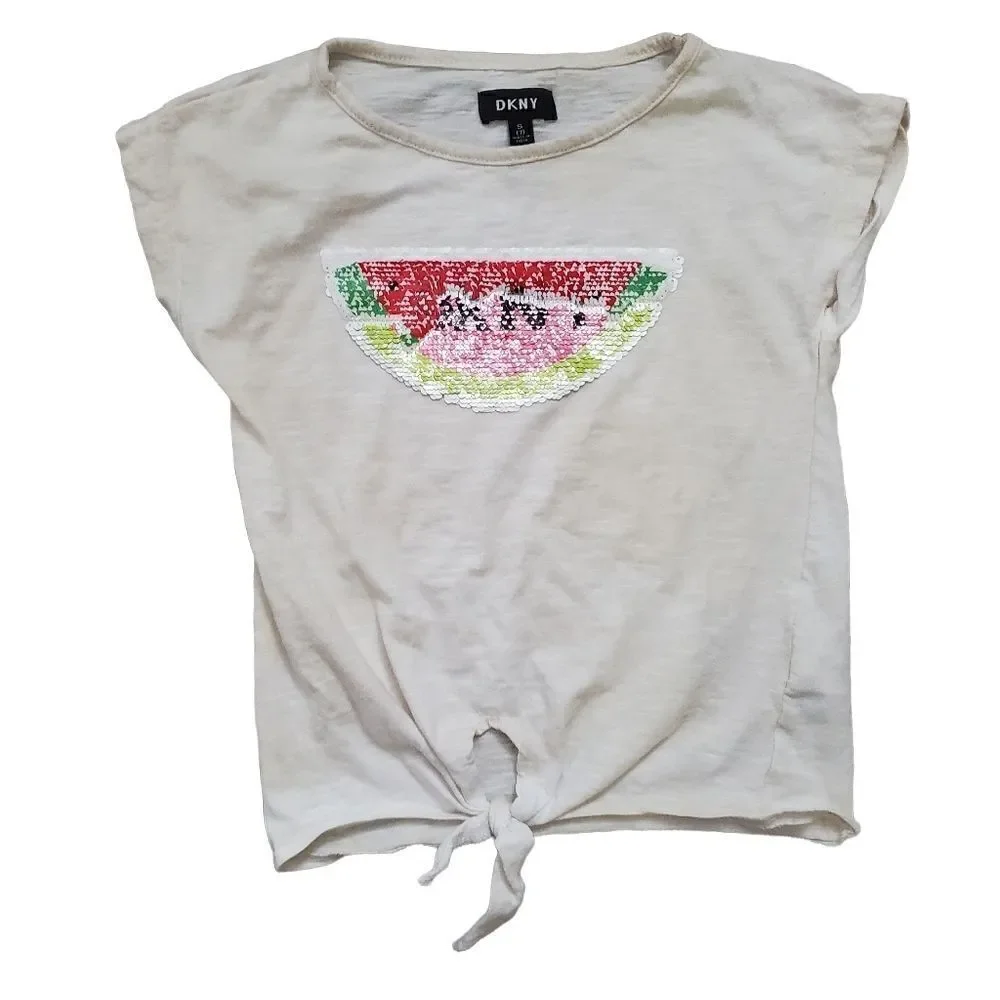 DKNY Girls White Front Knot Watermelon Flip Sequin Shirt - Size 7